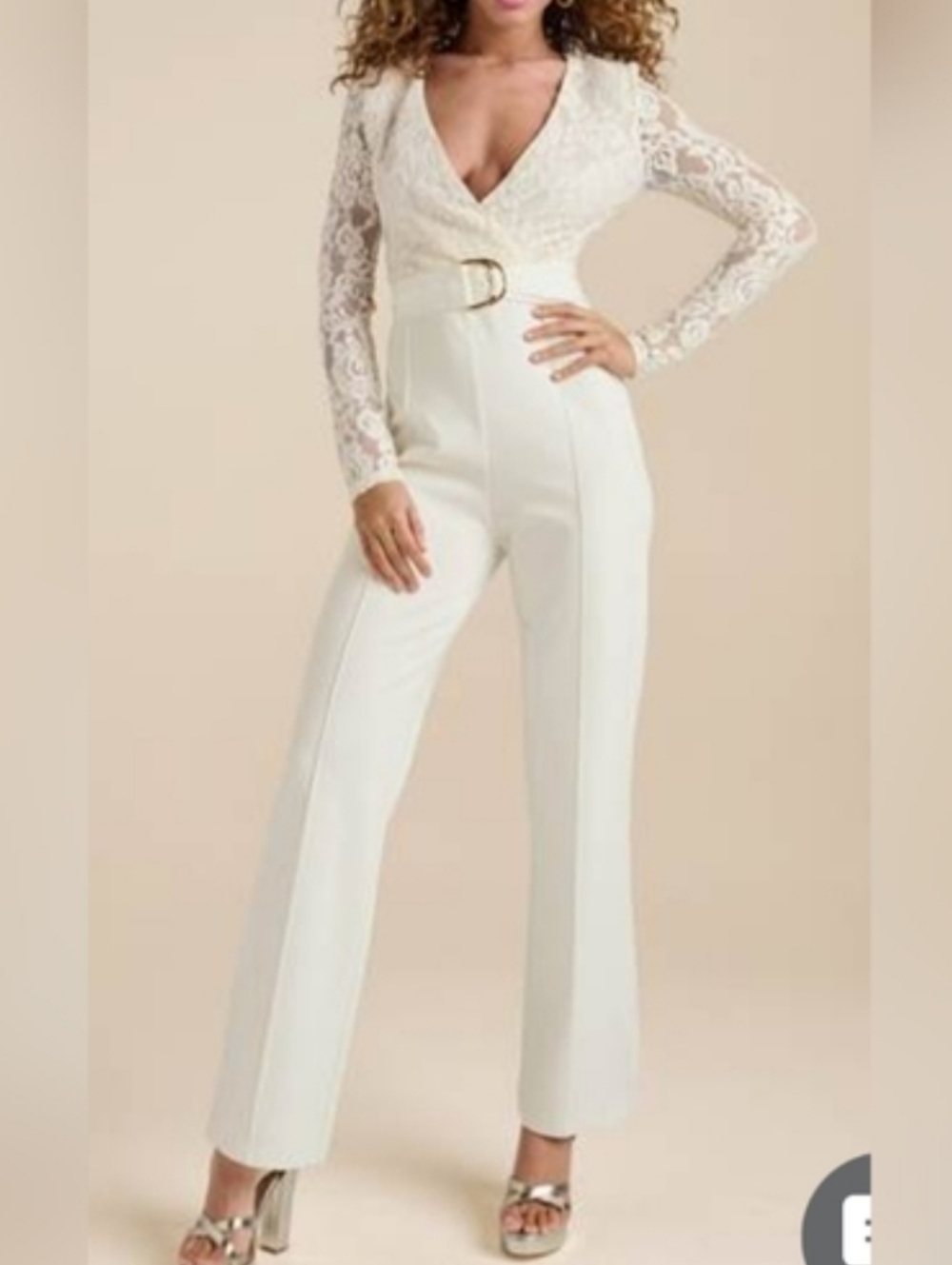 L Venus Cream Lace Belted Straight Leg Jumpsuit